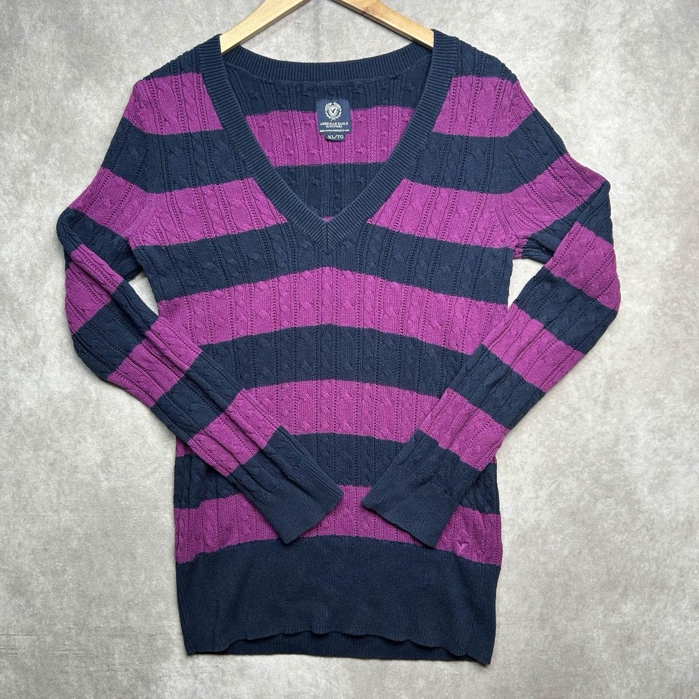 American Eagle Outfitters Striped Cable Knit V Neck Sweater Womens Sz XL VTG Y2K